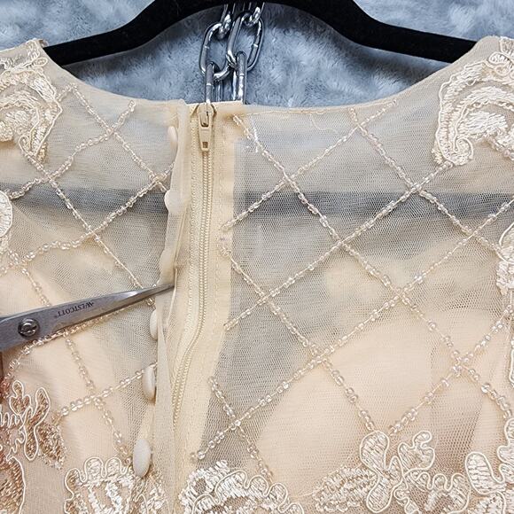 Formal Dress Jacket Set Size 8 Champagne Gold Beaded Lace Chiffon Sheath Party - Picture 8 of 14